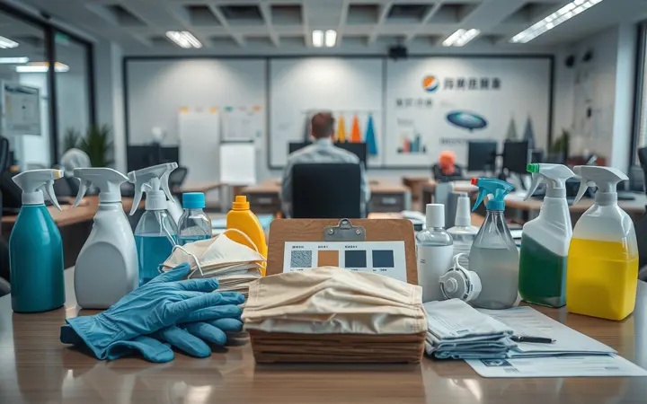 清洁防护用品样品展示：手套、口罩、清洁剂等产品陈列