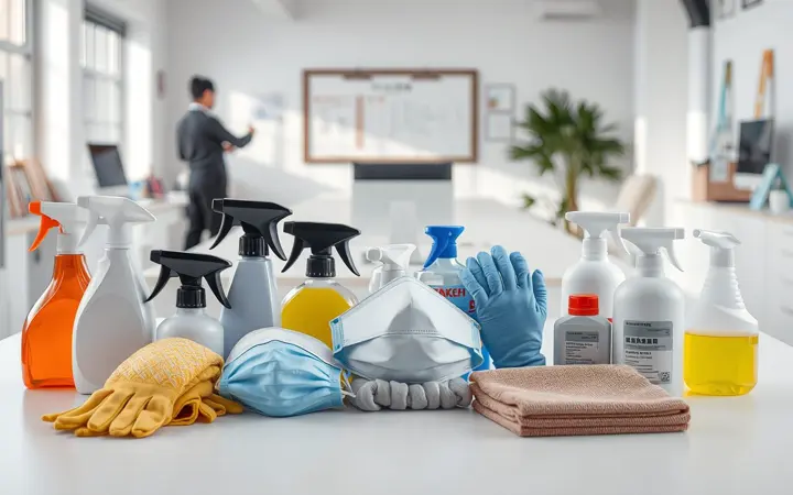 清洁防护用品桌面陈列：喷雾瓶、抹布、手套、口罩和清洁剂容器